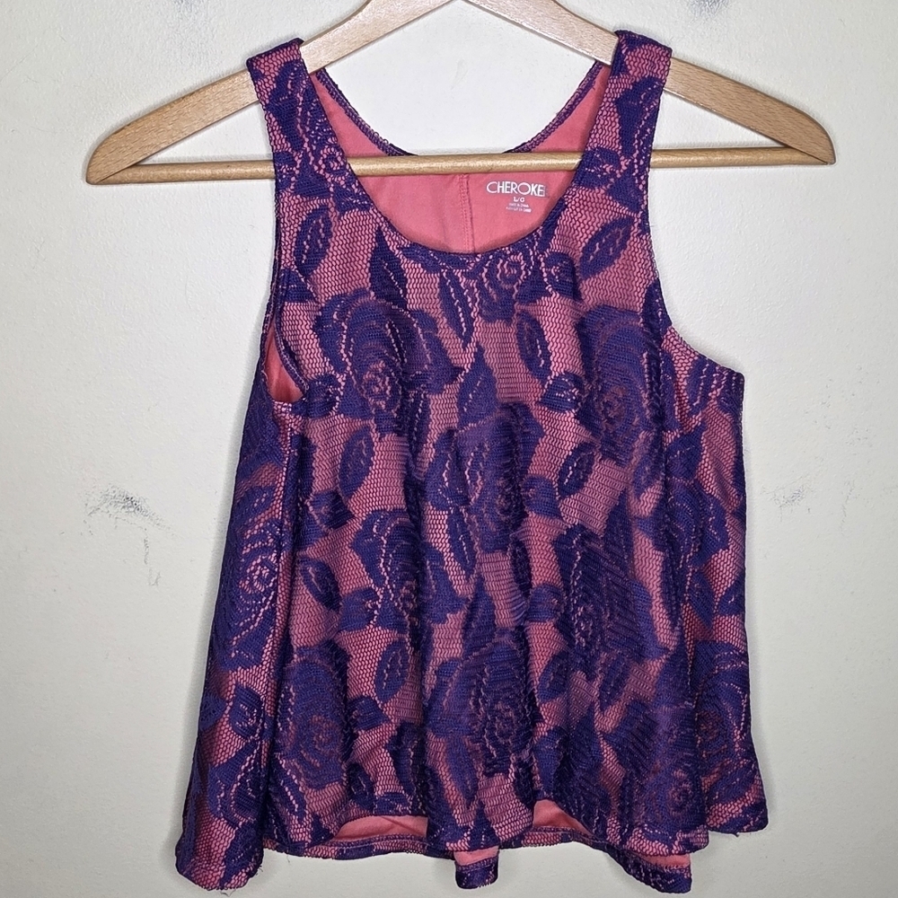 Cherokee Pink Purple Floral Lace Swing Tank Top Junior Size Large